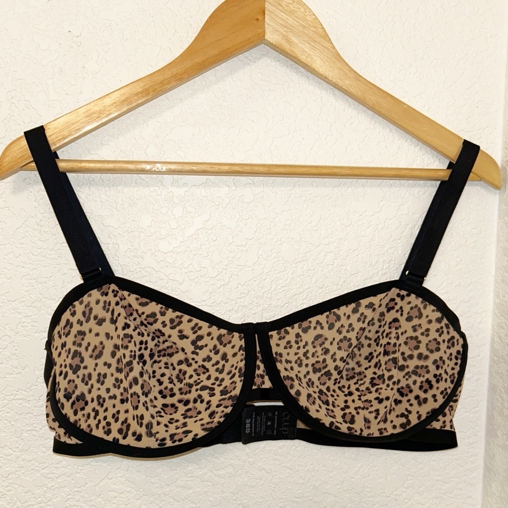 CUUP Plus The Balconette Mesh Bra in Leopard Tan & Black Gold Hardware SZ: 38D